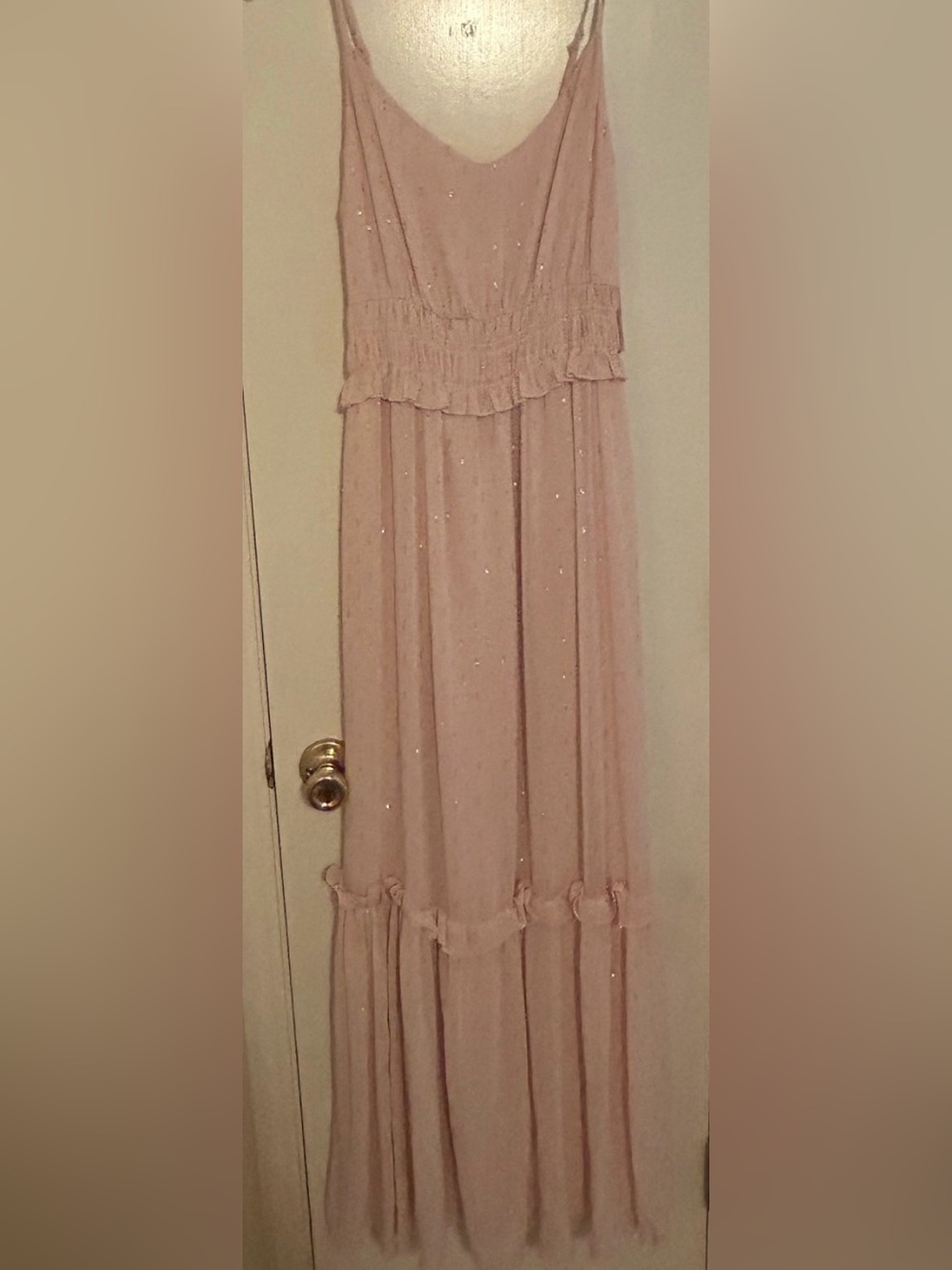 GB Garden Party Soft Pink Maxi Dress Gold/Silver Accents Smocked Waist New Sz M